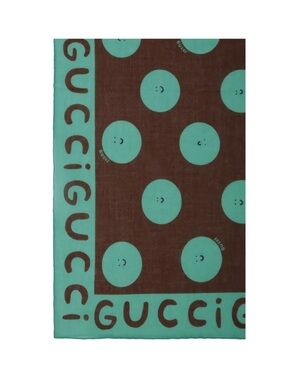 NWT GUCCI  Cotton Scarf /Bandana Green & Brown Smiley Face Print Logo Square